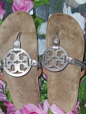 Tory Burch Metallic Rose Gold Logo Thong Sandals